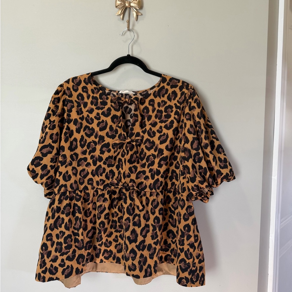 Entro 1XL Cheetah Print Bow Blouse - Picture 2 of 6